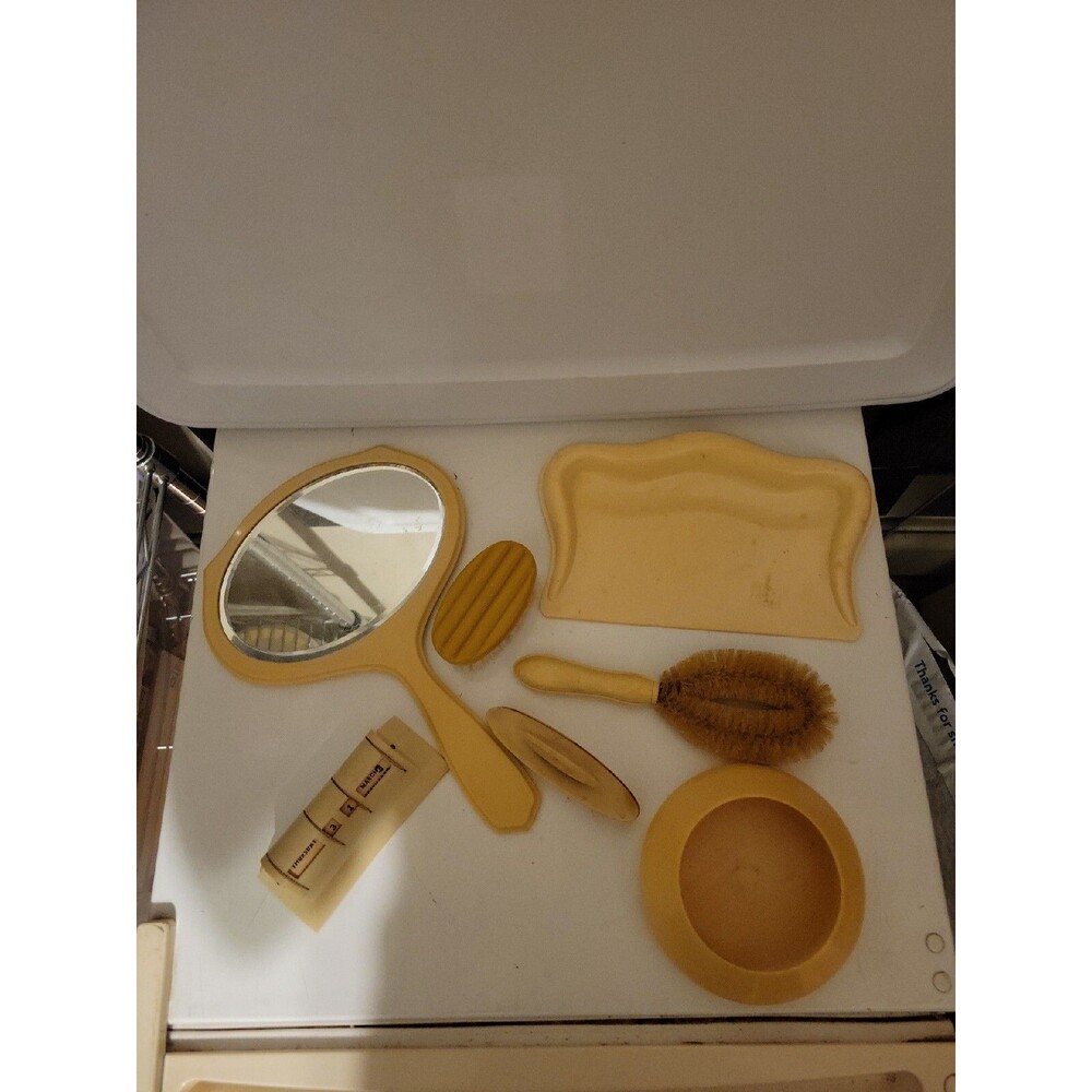 Vintage 7 pc Vanity Set: Mirror, Brushes, Powder, Calendar, Tray, Cream Fuller